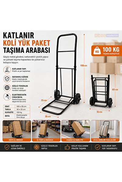 BantMarketim Katlanır Koli Yük Taşıma Arabası 100 kg Kapasiteli Portatif El A...