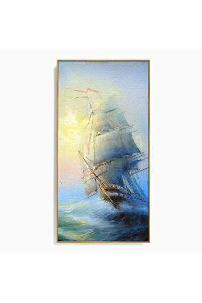 Luxcanva Tablou Canvas Vapor Pe Mare 70x140 cm cu Rama Auriu Valuri Furtuna Vele