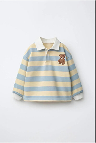 Kidmark Çocuk Modası Girl's Teddy Bear Printed Collared Striped Sweatshirt