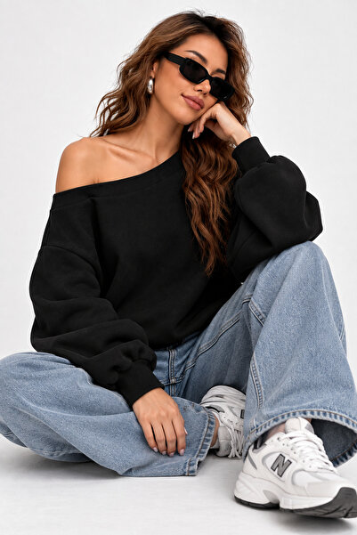 Agolady Women's Oversize Off-The-Shoulder Madonna Collar Casual Sweatshirt