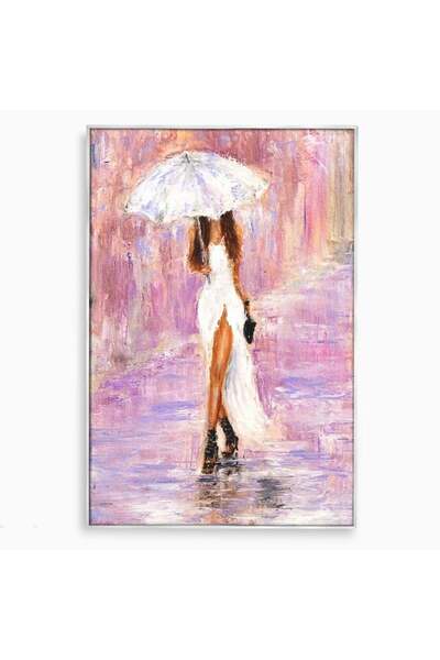 Luxcanva Tablou Canvas Femeia cu Umbrela Alba 70x100 cm cu Rama Argintiu Femi...