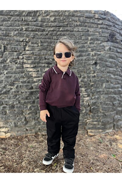 favorimkids Bordo Line Erkek Çocuk Pamuklu Polo Üst & Siyah Pantolon 2’li Takım