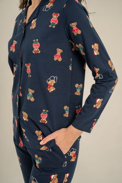 Rolypoly Women'S, Winter Bear Patterned, 100% Cotton, Navy Blue, Shirt Collar Pajama Set