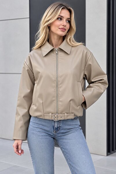 HİRAMİR İçi Rengine Renk Kürklü Oversize Kadın Deri Ceket Mont KS2605