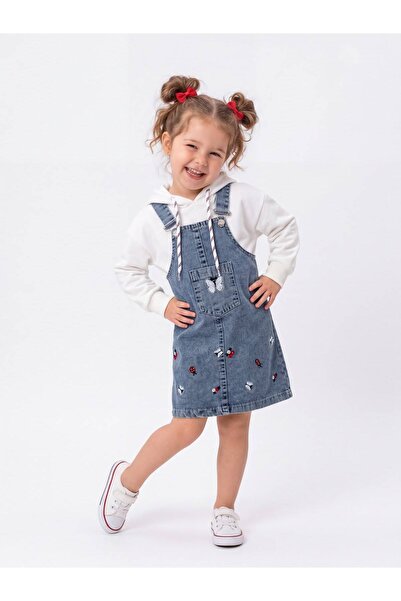 Mişsa Bebe Embroidery Detailed Girls' Denim Gilet 2-Piece Hooded Sweet Set Ov...