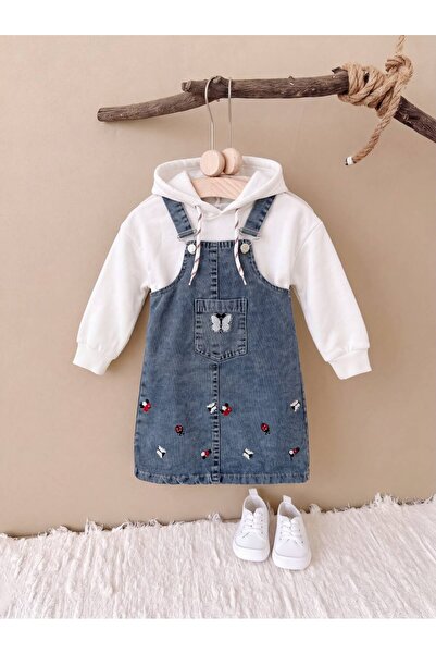Mişsa Bebe Nakış Detaylı Kız Çocuk Kot Jile 2 Parça Kapşonlu Sweet Takım Oversize Kalıp Denim
