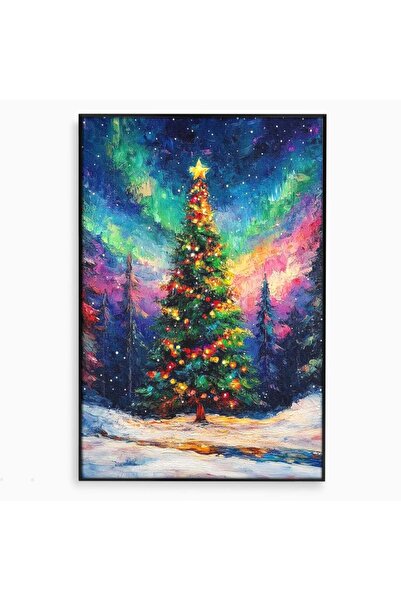 Luxcanva Tablou Canvas Aurora Boreala si Magia Bradului 50x70 cm cu Rama Negr...