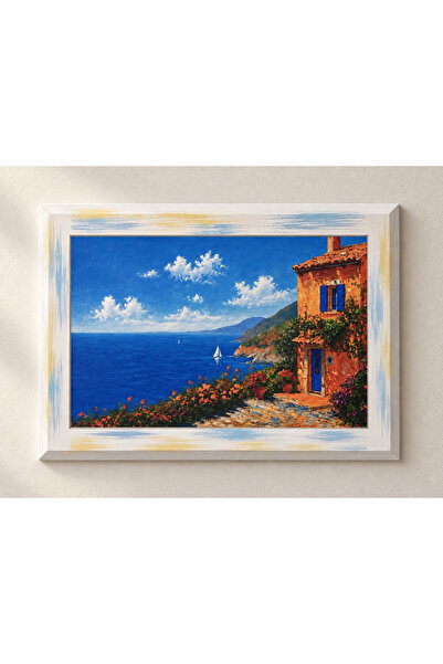 Akdeniz Esintisi Beyaz Eskitme Çerçeveli Deniz Manzaralı %100 Doğal Ahşap Tablo 52 x 37 cm