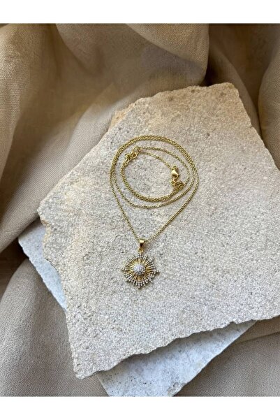 TulipeAtelier 316L Çelik Zirkon Taş İşlemeli Gold Güneş Motifli Kolye