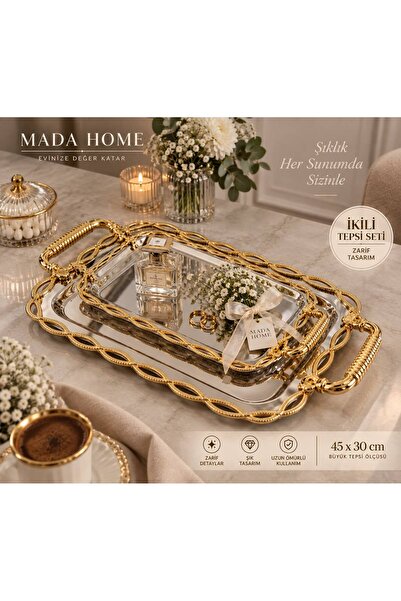 Mada Home 2’li Çelik Gold Gümüş Sunum Tepsisi Seti Dekoratif Servis Tepsisi