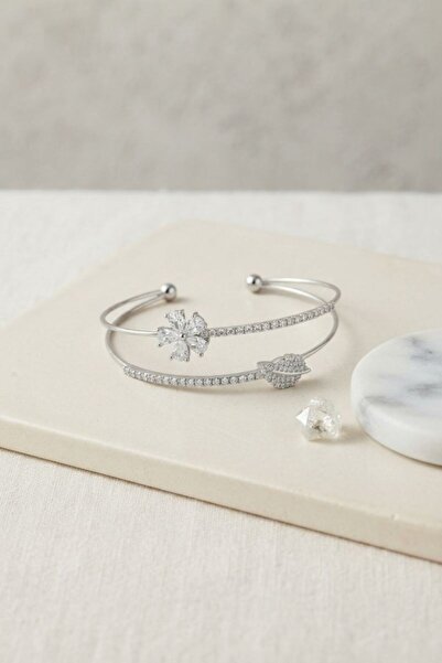 norsary Silver Color Zircon Stone Flower Model Women's Bracelet