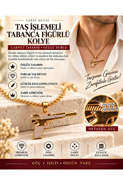 FG KONNİCHİWA Stone-Embellished Pistol Figured Necklace – Gold Color Chain Ne...