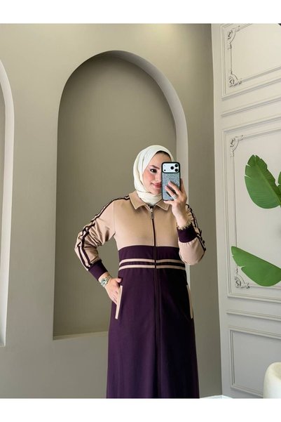 moda4b Women's Long Coat Two-Thread Cotton Zippered Pocket Comfortable Cut Casual Hijab Coat N-05535 _ Purple