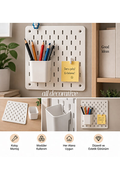 ALL DECORATİVE Modüler Duvar Organizeri – Kalemlik ve Notluk Seti