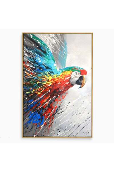 Luxcanva Tablou Canvas Papagal Zburand 50x70 cm cu Rama Auriu Penaj Viu Color...