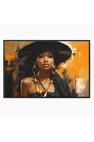 Luxcanva Tablou Canvas Femeia In Negru 100x70 cm cu Rama Negru Enigma Palarie...