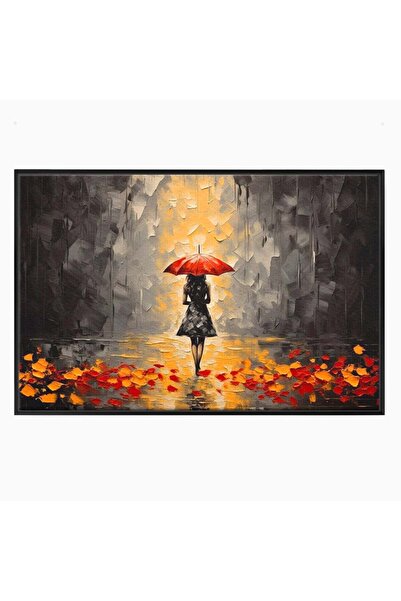 Luxcanva Tablou Canvas Singura Toamna 50x70 cm cu Rama Negru Ploaie Umbrela R...