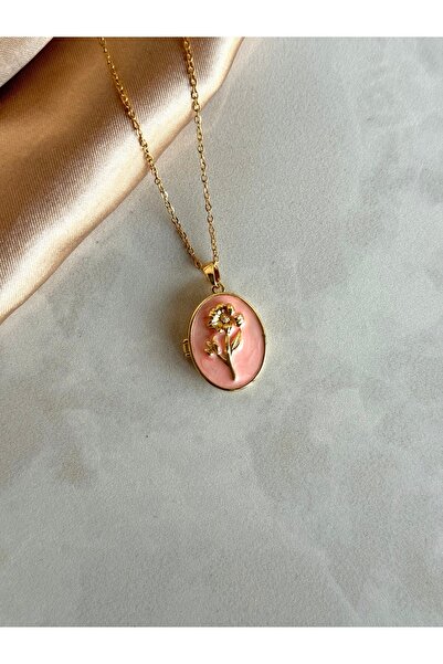 Nour Co Steel Pink Flower Locket Necklace