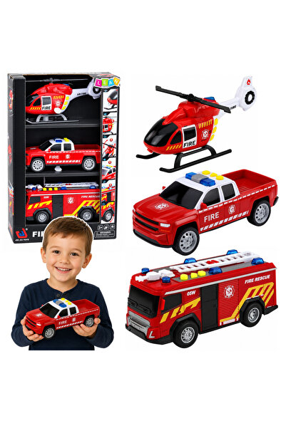 LEAN Set Vehicule Pompieri: Elicopter, Mașină, Lumini, Sunete 1:32