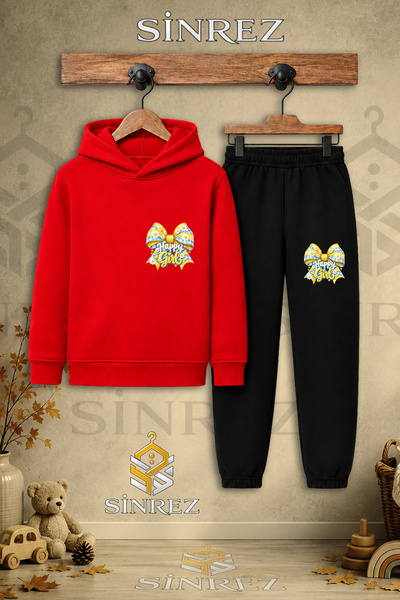 SİNREZ Children's Unisex Single Ribbon Happy Girl Yellow Printed Hooded Track...