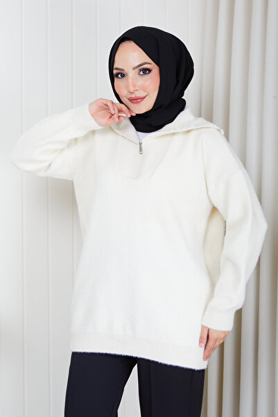 Pamuk Butik سترة تريكو نسائية ذات ملمس ناعم مع تفاصيل سحابية على ياقة القميص