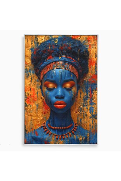 Luxcanva Tablou Canvas Frumusete Etnica 70x100 cm cu Rama Argintiu Albastru A...
