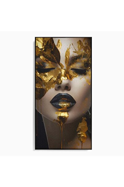 Luxcanva Tablou Canvas Pretty Face Covered In Gold 50x100 cm cu Rama Negru Cu...