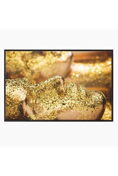 Luxcanva Tablou Canvas Golden Face 100x70 cm cu Rama Negru Culori Gold Face