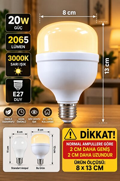 Aryes TORCH 20W E27 LED Ampul 2065 Lümen 3000K Sarı Işık 8x13 cm Yüksek Işık ...