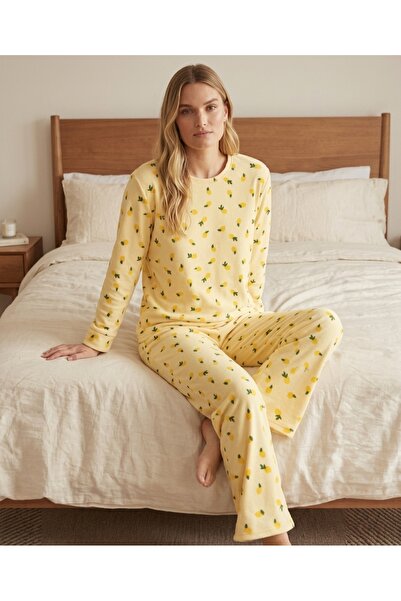 GOOD NİGHT Kadın Sarı Ananas Desenli Süet Dokulu Uzun Kollu Pijama Takımı - Y...