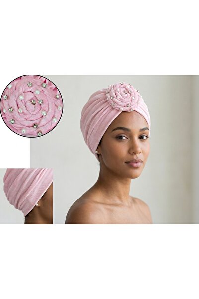 Daisy Pembe Afrika Stil Kadife Kumaş İncili Taşlı Gül Motifli Şık Abiye Türba...