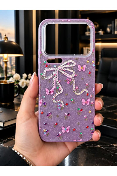 CaseTechnoo Mi 17 Pro Max Modeli İle Uyumlu Taşlı Kurdele Kelebek Desenli Par...