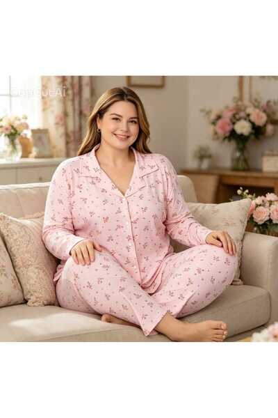 NiCe İç Giyim Battal Size Pink Floral Patterned Long Sleeve Shirt Collar Wome...