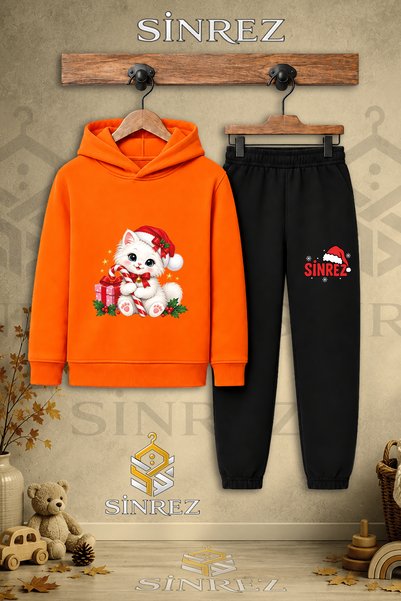 SİNREZ Çocuk Unisex Tekli Kedi Beyaz Yilbasi Kutlama Baskılı Kapşonlu Eşofman...
