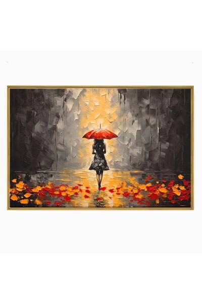 Luxcanva Tablou Canvas Singura Toamna 100x150 cm cu Rama Auriu Ploaie Umbrela...