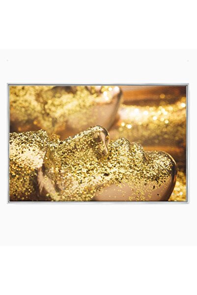 Luxcanva Tablou Canvas Golden Face 150x100 cm cu Rama Argintiu Culori Gold Face