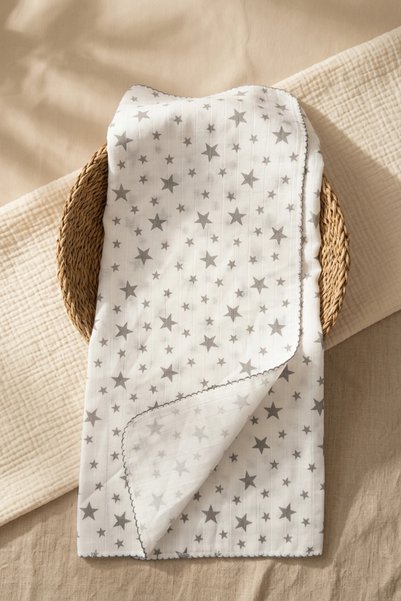 ANP MODA TASARIM Gray Star Patterned Cotton Muslin Baby Blanket with Piping a...