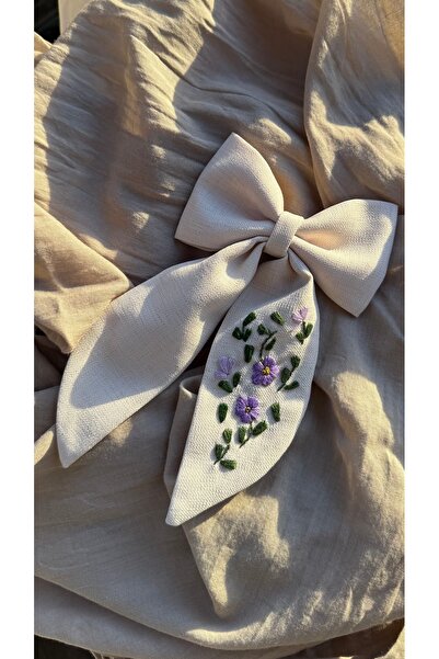 Generic Brand Floral Embroidered Bow Light Beige Hair Clip |   Handmade Fabri...