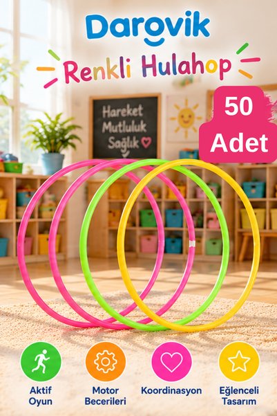 Darovik Renkli Hulahop 60 cm Çember 50 Adet Hula Hoop Pilates Çocuk Egzersiz ...