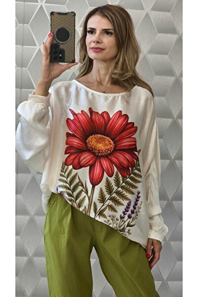 styleFlex Bluză satinată cu imprimeu floral 3D și umeri căzuți