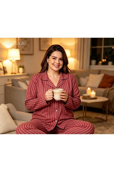 NiCe İç Giyim Battal Large Size Women's Striped Pajama Set Long Sleeve Buttoned Comfortable Fit Soft Fabric (3Xl-4Xl-5Xl Sizes)