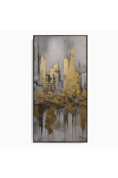 Luxcanva Tablou Canvas Gold Sky Scrapers 70x140 cm cu Rama Negru Relaxare Liv...