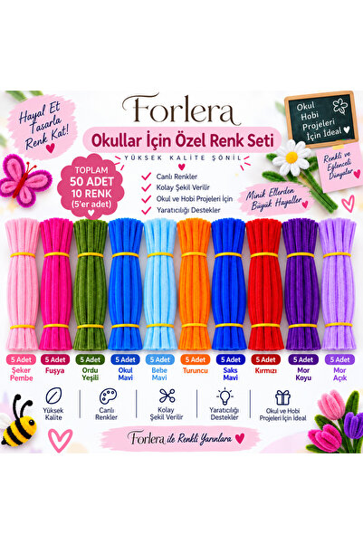 FORLERA 50 Adet 10 Renk Şönil Çubuk Seti 30 cm – Okul Projeleri, Hobi, El İşi...