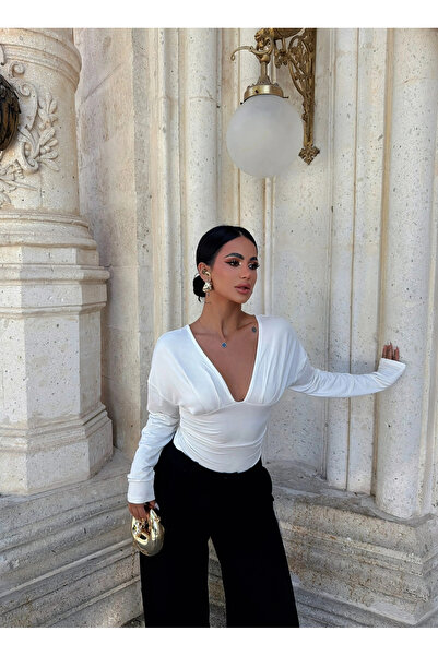 kırmızı butiks White Front-Back V Corset Blouse