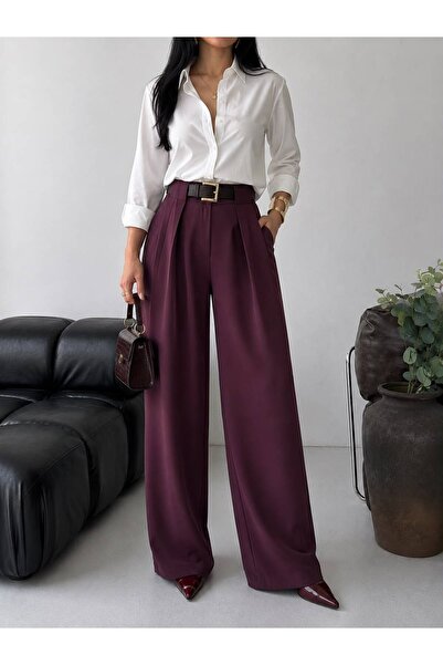 Butik MÜRDÜM RENGİ YÜKSEK BEL KEMERLİ BOL PAÇA PANTOLON