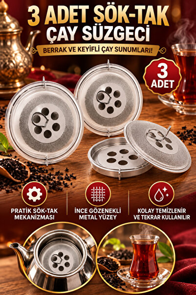 3 Adet Sök-Tak Paslanmaz Metal Çay Süzgeci – Yıldız Tasarımlı Demlik Filtresi