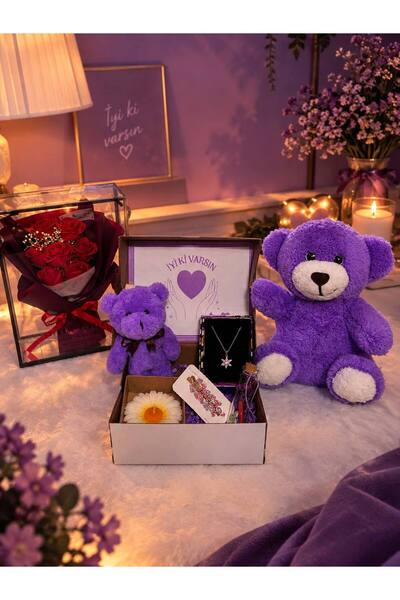 miraybutikhediyelikesya Sevgiliye Hediye Kutusu Mor Ayıcık Yapay Lüks Buket Ç...