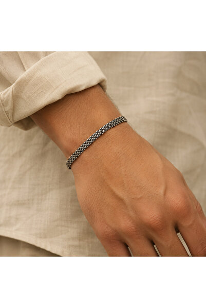 Ahamelia Jewelry 925 Ayar Gümüş Oksitli Hasır Örgü Erkek Bileklik