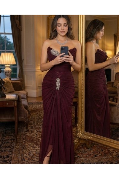Rizwan01 Title: Burgundy Crinkle Fabric Dress with Crystal Embellishments