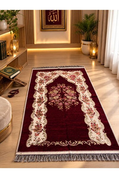 çeyizköşesi Luxury Chenille Prayer Rug Burgundy Hajj Umrah Gift